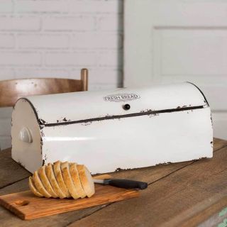 Country Vintage White Enamel Tin Bread Box