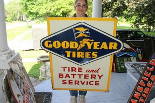 Rare Vintage 1956 Goodyear Tires & Battery Gas Station 36 " Embossed Metal Sign