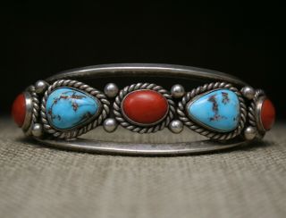 Vintage Native American Navajo Sterling Turquoise Coral Cuff Bracelet