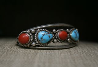 Vintage Native American Navajo Sterling Turquoise Coral Cuff Bracelet 2