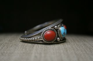 Vintage Native American Navajo Sterling Turquoise Coral Cuff Bracelet 3