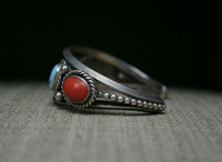 Vintage Native American Navajo Sterling Turquoise Coral Cuff Bracelet 5