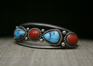 Vintage Native American Navajo Sterling Turquoise Coral Cuff Bracelet 6