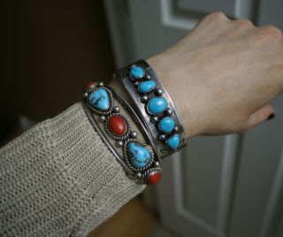Vintage Native American Navajo Sterling Turquoise Coral Cuff Bracelet 7