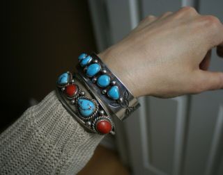 Vintage Native American Navajo Sterling Turquoise Coral Cuff Bracelet 8