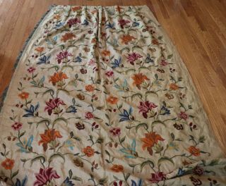 Vintage Antique Linen Curtains Curtain Panel Drape Embroidery Flowers 106 " Long