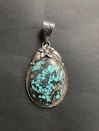 Large Vintage Native American Navajo Silver Turquoise Pendant By Roie Jaque