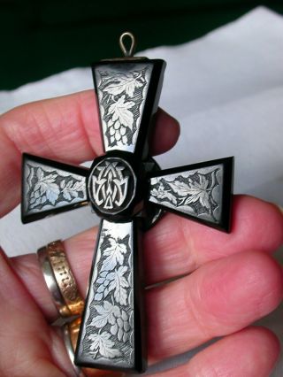 Large Victorian Carved Whitby Jet Cross Crucifix With Viines Mourning Jewellery