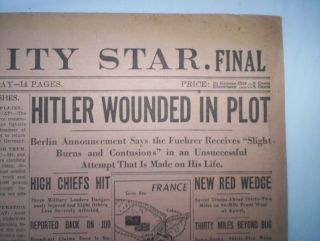 Hitler Wounded In Plot The Kansas City Star Newspaper Front Page July 20,  1944