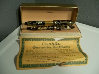 Vintage Conklin 14k Nib Marbled Fountain Pen Mechanical Pencil Box Set?