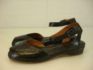 Womens 10 M Remix Como Black Leather Ankle Strap Sandals Vintage Peep Toe Wedge