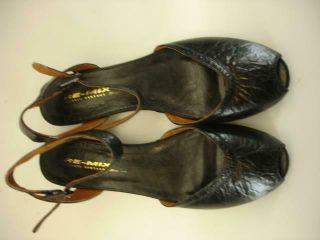 Womens 10 M Remix Como Black Leather Ankle Strap Sandals Vintage Peep Toe Wedge 5