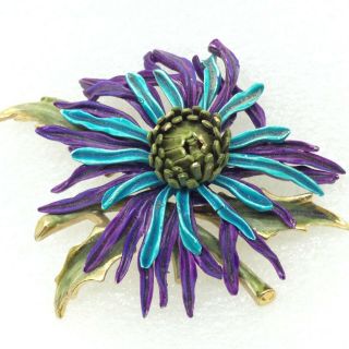 Signed Corocraft Vintage Flower Brooch Pin Purple Blue Green Enamel Coro Jewelry