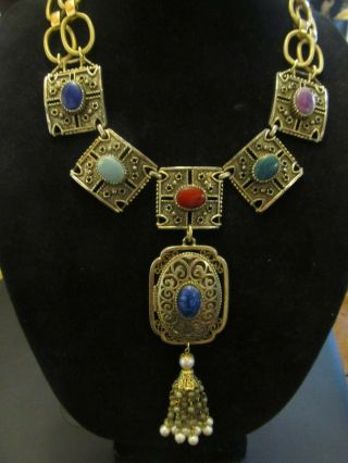 Vintage Sarah Coventry Etruscan Cabochon Statement Necklace Repurposed