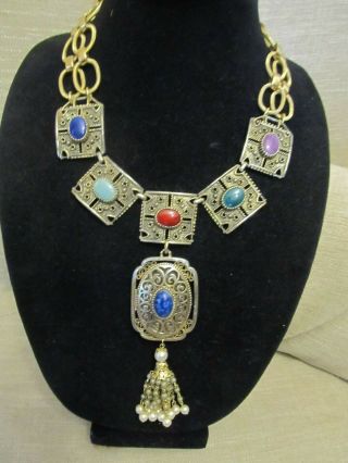Vintage Sarah Coventry Etruscan Cabochon Statement Necklace Repurposed 5