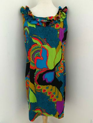 Vtg 70s Paradise Hawaii Aloha Shift Dress Mod Print Barkcloth Ruffle Trim