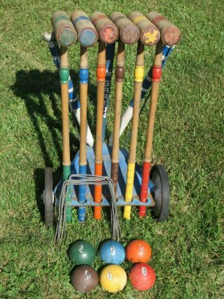 Vintage Garton Toy Co Croquet Set / Balls / Mallets / Wickets / Stakes / Cart