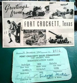 Vintage 1945 Fort Crockett Postcard And Navy Id Card Texas Wwii