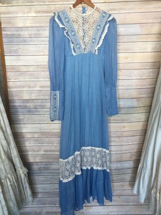 Vintage Gunne Sax Black Label Blue Boho Hippie Maxi Dress