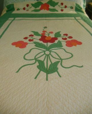 Vintage Hand Done Applique Red Green Full Quilt Signed Weber Stacyville IA 1937 2