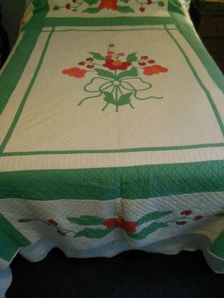 Vintage Hand Done Applique Red Green Full Quilt Signed Weber Stacyville IA 1937 3