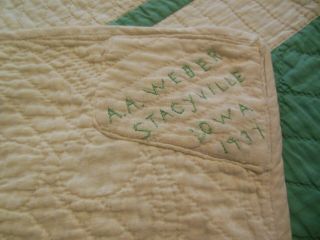 Vintage Hand Done Applique Red Green Full Quilt Signed Weber Stacyville IA 1937 4