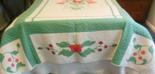 Vintage Hand Done Applique Red Green Full Quilt Signed Weber Stacyville IA 1937 5