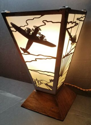Vintage Wwii Era Craftsman Lamp Aviation Silhouettes Plated Metal Wood Glass 11 "