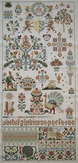 Stunning Completed Cross Stitch Sampler Finished Antique German Style