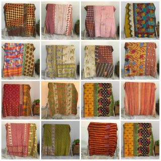 Vintage Reversible Kantha Quilt Indian Blanket Handmade 10pc Throw