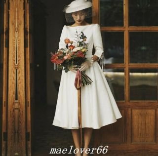 Vintage Satin 2019 3/4 Sleeve Tea Length White Wedding Dress Garden Bridal Gowns