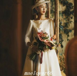 Vintage Satin 2019 3/4 Sleeve Tea Length White Wedding Dress Garden Bridal Gowns 3