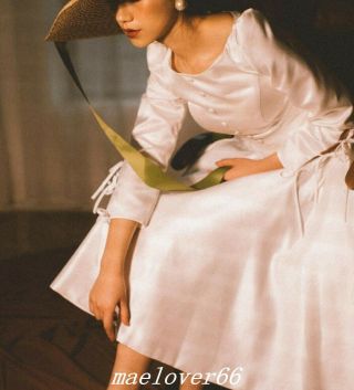 Vintage Satin 2019 3/4 Sleeve Tea Length White Wedding Dress Garden Bridal Gowns 6