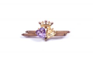 Antique Double Love Heart And Crown 9 Ct Gold Brooch Amethyst And Citrine