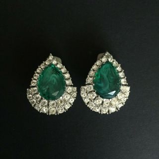 Vintage Ciner Signed Emerald And Clear Rhinestone Clip - On Earrings