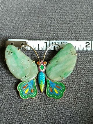Vintage Chinese Export Silver Carved Jadeite Jade Cloisonee Butterfly Brooch Pin 6