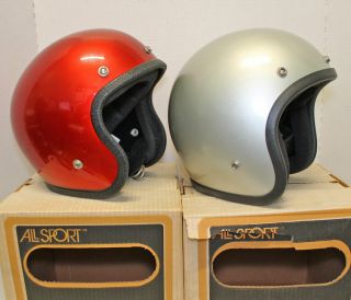 (2) Vintage All Sport Safety Motorcycle Helmets Silver Candy Orange Adult Med