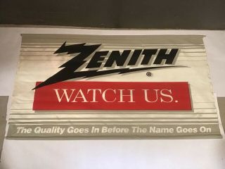 Vintage Zenith Dealer Nylon Cloth Banner 26 X 46” “watch Us” 1980s Television Tv