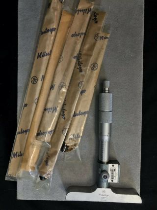 Vintage Mitutoyo Depth Micrometer Set W/ 5 Rods Digit Inch Counter Japan No Box