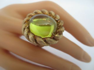Massive Heavy Sterling 18k Rope Etruscan Large Peridot Cabochon Cocktail Ring