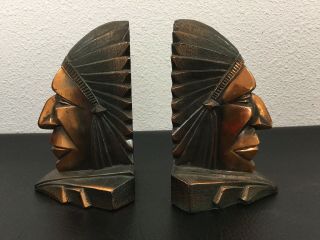Vintage Metal Heavy Native American Indian Chief Head Book Ends 6 1/2” X 3 3/4”