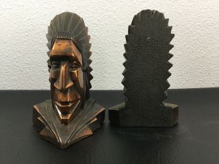 Vintage Metal Heavy Native American Indian Chief Head BOOK ENDS 6 1/2” X 3 3/4” 3