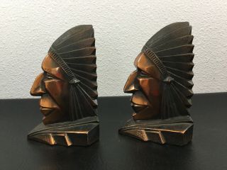 Vintage Metal Heavy Native American Indian Chief Head BOOK ENDS 6 1/2” X 3 3/4” 5