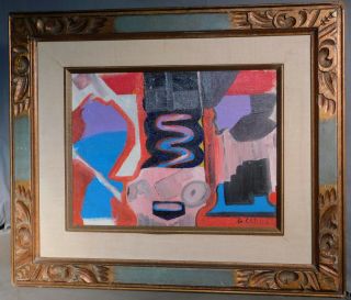 Vintage Mid - Century Modern French Abstract Oil Painting Gerard Cabus Carve Frame