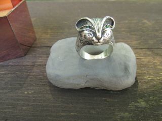Rare Vintage Sterling Silver Cat Kitten Ring Signed Sz 7 Emerald Eyes