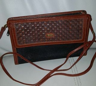 Vintage Bally Black And Brown Woven Leather Small Cross Body Cluch Bag Wallet