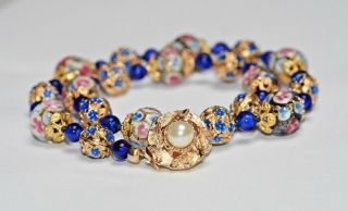 Vintage Art Glass Pink Blue Gold Foil Flower Bead Necklace