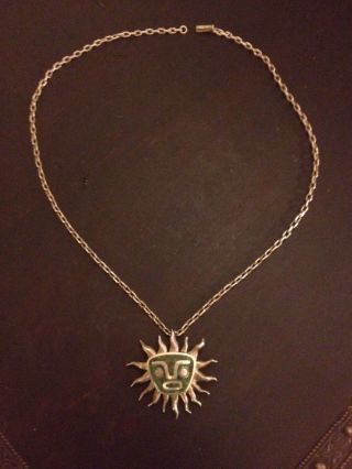 Mid Century Sterling Sun Face Taxco Signed Miguel Melendez Pin Brooch Necklace