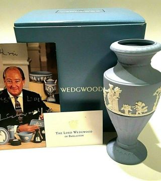 Vintage Wedgwood Blue Jasperware Fluted Vase Signed By Lord Wedgwood,