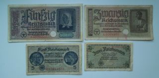 Germany 2,  5,  20,  50 Reichsmark Ww2 1940 - 45 (4 Banknoten),